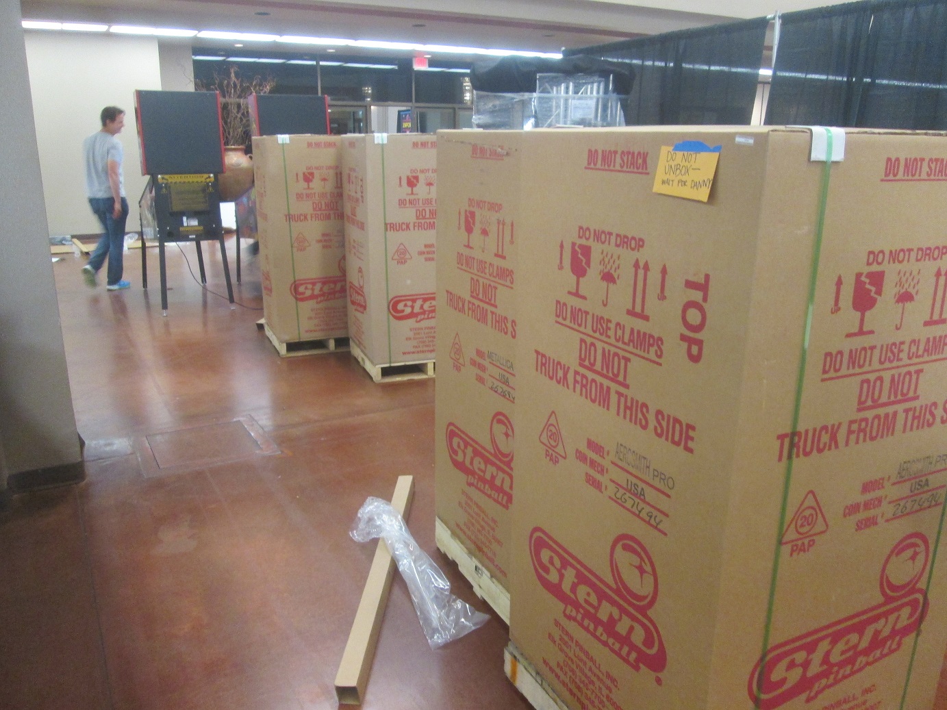 Here was another exciting sight this afternoon: There were ten brand new pinball machines delivered straight to the convention center. They're all available for play all weekend (though some are in the tournament area.)