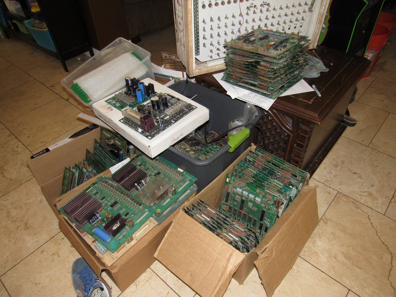 This is a partial stack of everything we've hoarded. Lots of pinball boards, but lots of arcade boards too.